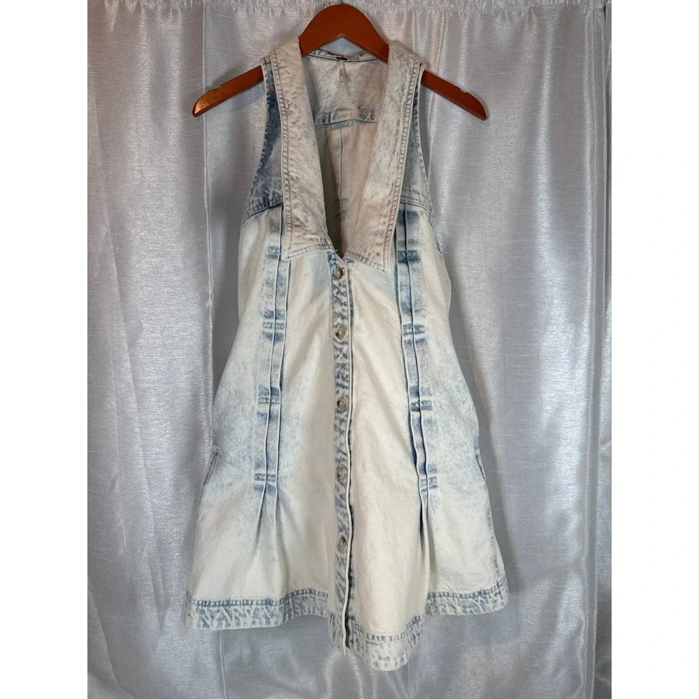 Free People Katie Sleeveless Denim Mini Dress Button Front Collared Light Wash S